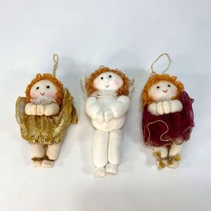 Lot of 3 Plush Angle Ornaments with Ribbon Tu-Tu Blond Yarn Hair Embroidery Face